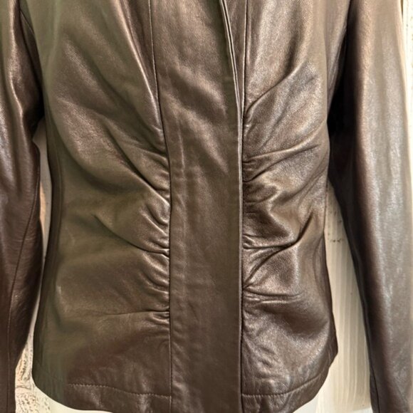 Y2K Industry Moto Buttery Leather Jacket Womens XL Chocolate Brown Ruched Front - Picture 14 of 14